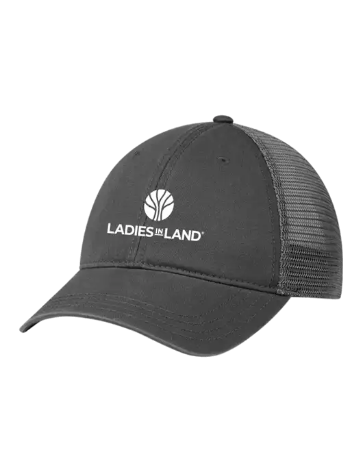 Richardson 111 Garment Washed Trucker Cap Charcoal w/Charcoal Mesh w/Ladies In Land Logo