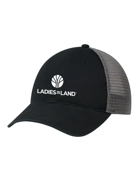 Richardson 111 Garment Washed Trucker Cap Black w/Charcoal Mesh w/Ladies In Land Logo