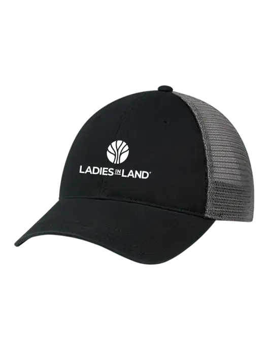 Richardson 111 Garment Washed Trucker Cap Black w/Charcoal Mesh w/Ladies In Land Logo