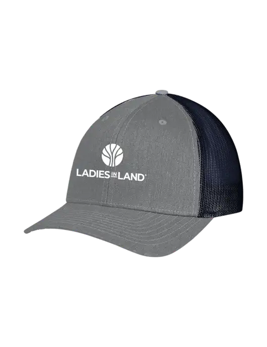 Richardson Adjustable Snapback Original 112 Trucker Cap Heather Grey w/Navy Mesh w/Ladies In Land Logo