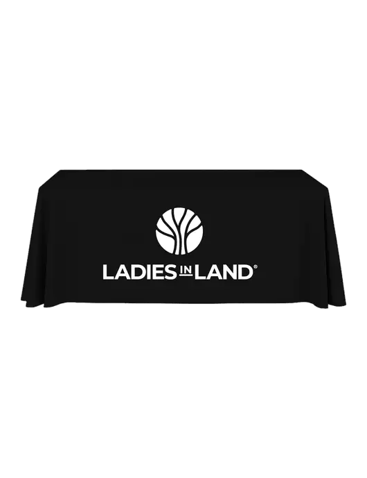 6' Stain-Resistant 4-Sided Black Table Cover w/Ladies In Land Logo