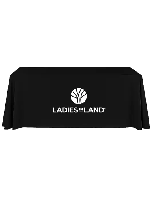 8' Stain-Resistant 4-Sided Black Table Cover w/Ladies In Land Logo
