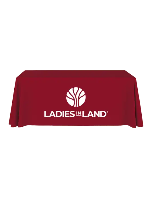 6' Stain-Resistant 4-Sided Red Table Cover w/Ladies In Land Logo