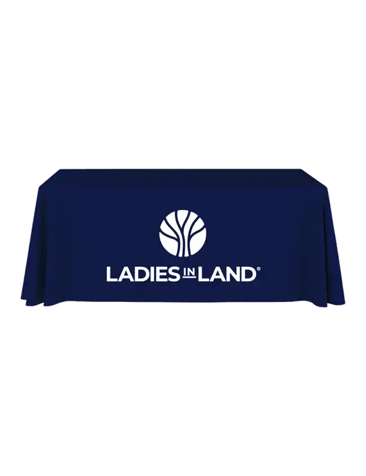 6' Stain-Resistant 4-Sided Dark Navy Table Cover w/Ladies In Land Logo