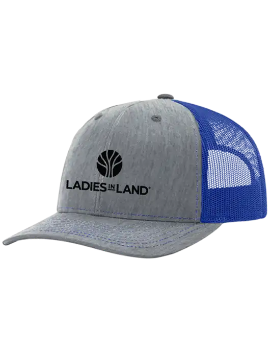 Richardson Adjustable Snapback Original 112 Trucker Cap Heather Light Grey w/Royal Mesh w/Ladies In Land Logo