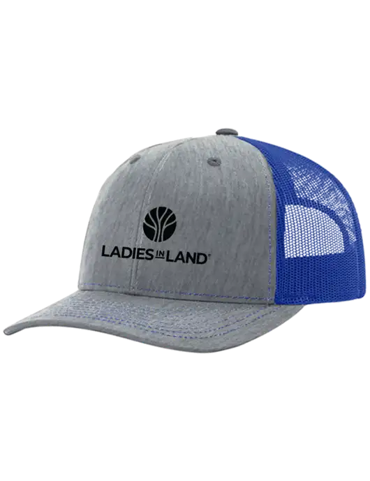 Richardson Adjustable Snapback Original 112 Trucker Cap Heather Light Grey w/Royal Mesh w/Ladies In Land Logo