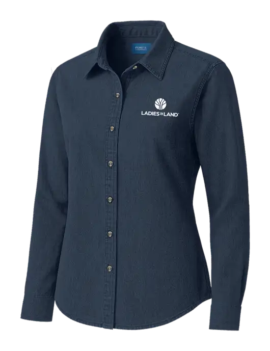 Womens Long Sleeve Light Navy Denim Shirt w/Ladies In Land Logo